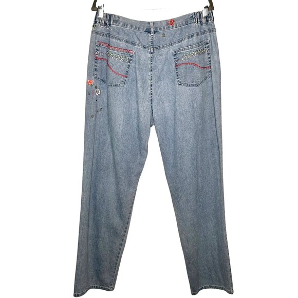 Vintage Boho Embroidered Floral Wide Leg Hight Waist Jeans Womens 14 Cottage - Picture 4 of 14